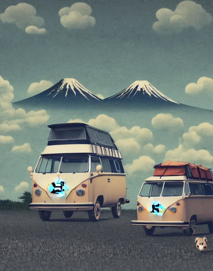 Image similar to vw camper touring rural japan, a collage painting, in the style of wes anderson, lola dupre, david hockney, isolated on negative white space background dark monochrome fluorescent spraypaint accents volumetric octane render, no double figure