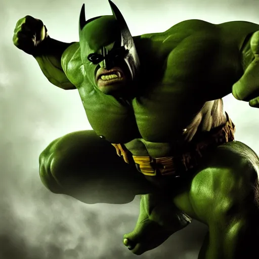 Prompt: the hulk as batman, 8 k, realistic, photo real, smooth, sharp, intricate detail, hyper detail, dramatic lighting, dramatic shading