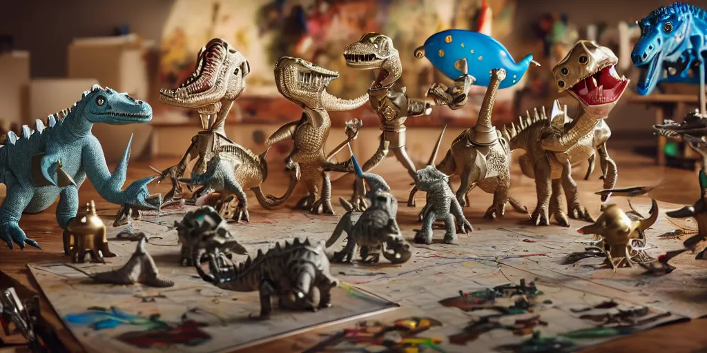 Prompt: closeup portrait of tin toy knights riding dinosaurs fighting on white paper table in an artist workshop, depth of field, zeiss lens, detailed, centered, fashion photoshoot, by nicoletta ceccoli, mark ryden, lostfish, breathtaking, 8 k resolution, extremely detailed, beautiful, establishing shot, artistic, hyperrealistic, octane render