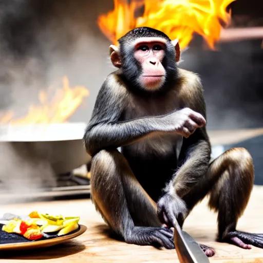 Image similar to a monkey cooking an omelette.