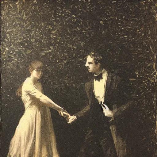 Prompt: young victorian man and woman traversing a dark maze, the man holding a torch, the woman hiding behind him, by alfred stevens