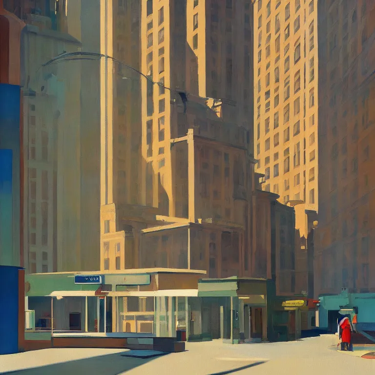 Image similar to morning watefall in an empty city, , painted by Edward Hopper, painted by James Gilleard, airbrush