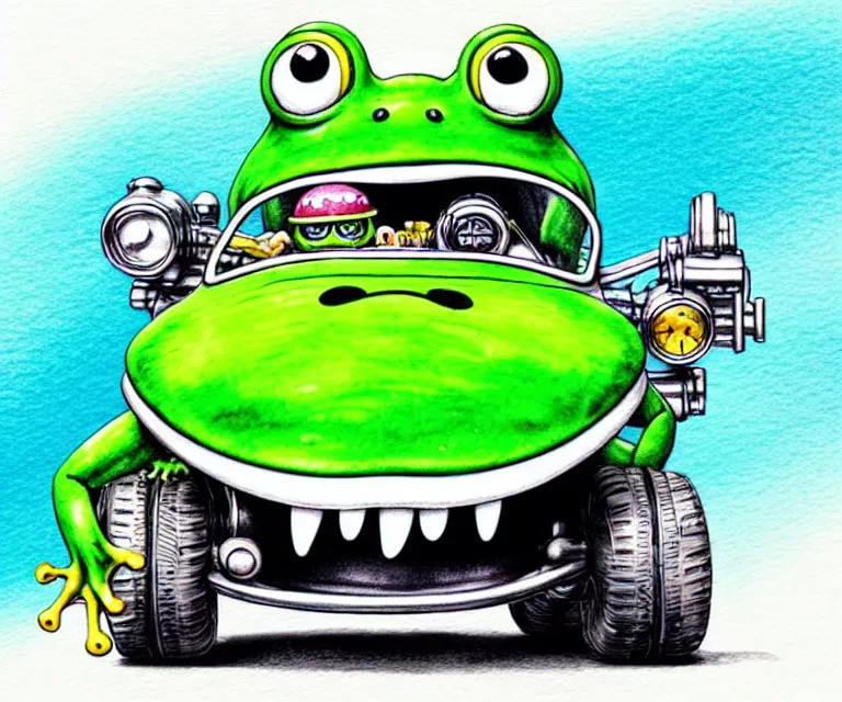 Prompt: cute and funny, frog wearing a helmet riding in a tiny hot rod with exhaust pipes, ratfink style by ed roth, centered award winning watercolor pen illustration, isometric illustration by chihiro iwasaki, edited by range murata, tiny details by artgerm and watercolor girl, symmetrically isometrically centered, focused