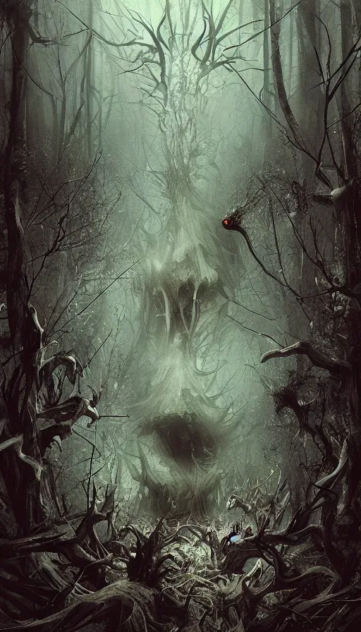 Image similar to a storm vortex made of many demonic eyes and teeth over a forest, by ryohei hase