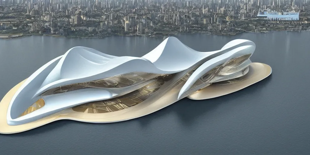 Image similar to mosque floating spaceship by zaha hadid, golds fantasy world