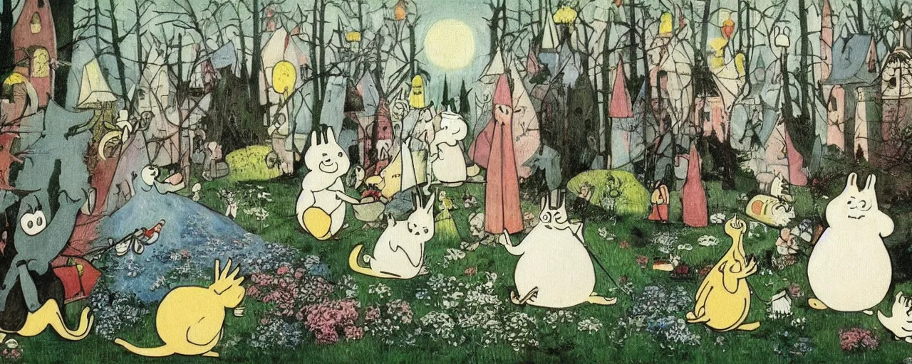 Image similar to the moomins, bosch painting, very detailed!, high quality