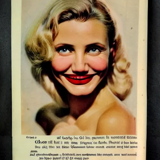 Image similar to Cameron Diaz portrait, color vintage magazine illustration 1950