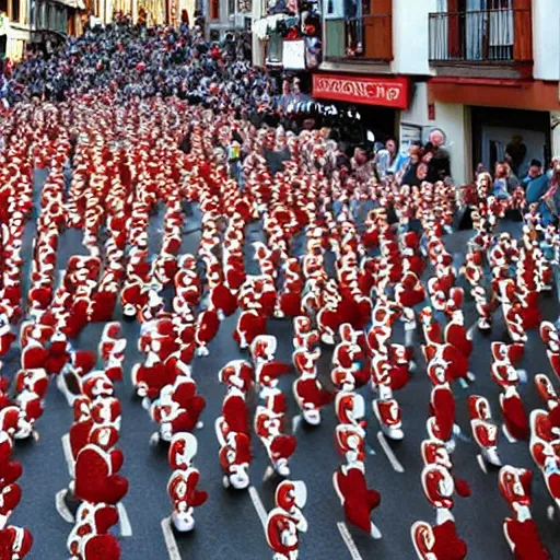 Prompt: the running of the giant screaming bob ross dolls in pamplona spain