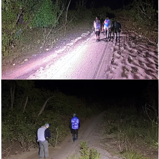 Image similar to stills from night camera footage of missing hikers