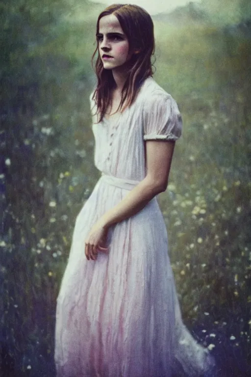 Prompt: color polaroid of Emma Watson by Andrei Tarkovsky, Richard Schmid, Jeremy Lipking full length shot, wearing in a summer dress, very detailed, stunning light, very beautiful face, hands on hips