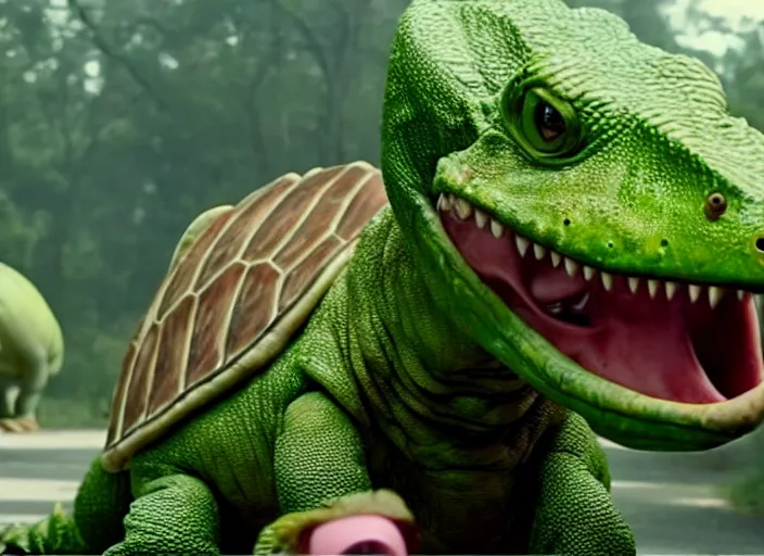 Image similar to film still of yoshi in the new sci - fi movie, upright dinosaur with a small turtle shell and long tongue, 8 k