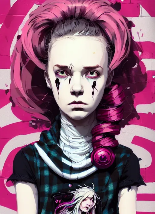 Prompt: highly detailed portrait of a sewer punk lady, tartan hoody, blonde ringlet hair by atey ghailan, by greg rutkowski, by greg tocchini, by james gilleard, by joe fenton, by kaethe butcher, gradient magenta, black, blonde cream and white color scheme, grunge aesthetic!!! ( ( graffiti tag wall background ) )