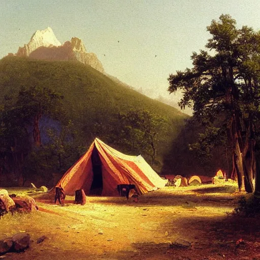 Prompt: A painting of a small camp on the side of a dirt road, painting by Albert Bierstadt