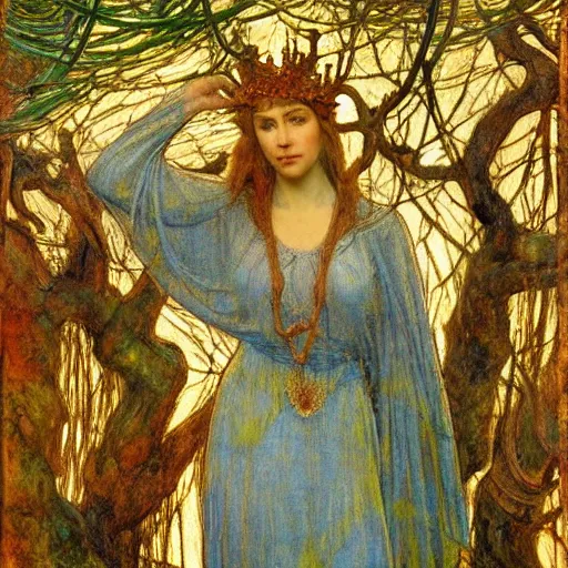 Prompt: the queen of the forest in a tree, by Annie Swynnerton and jean delville and Nicholas Roerich and Tino Rodriguez, elaborately costumed, rich color, dramatic cinematic lighting, extremely detailed