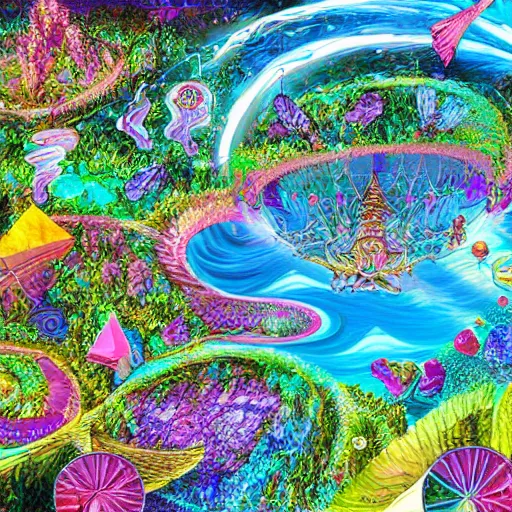 Image similar to A fantasy island filled with crystals, digital art