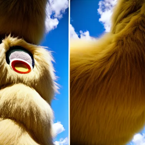 Prompt: fluffy monster, view from bottom to top, 35 mm lens