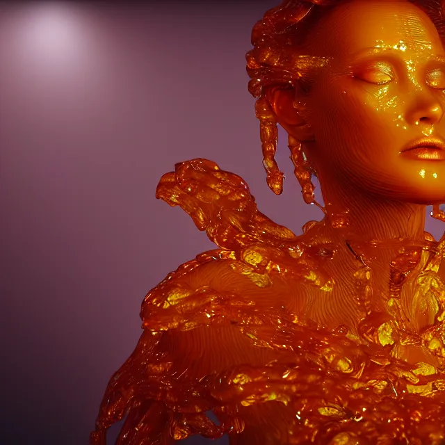 Prompt: a striking! render of ethereal beings made of amber glass, new age artwork, octane, houdini, 8 k, cgsociety, intricately detailed