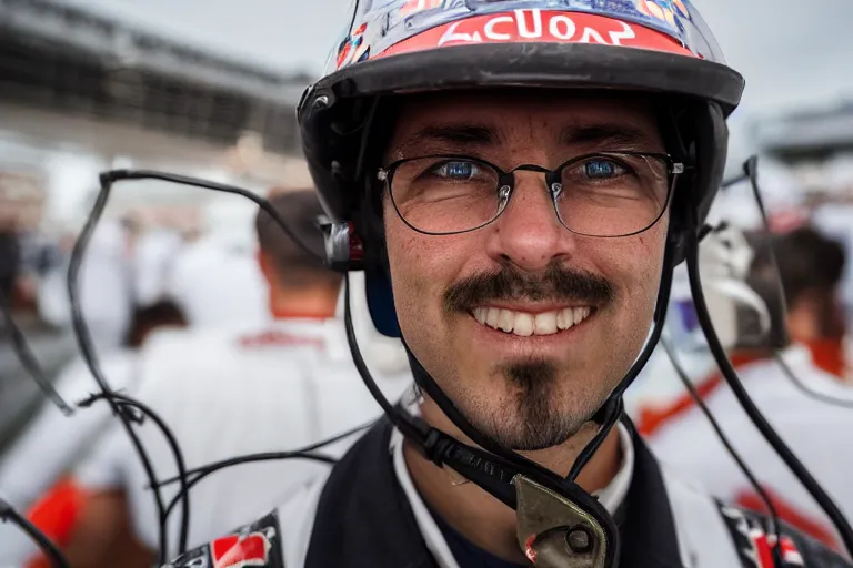 Image similar to closeup portrait of a technician at the formula 1 starting grid, by Steve McCurry and David Lazar, natural light, detailed face, CANON Eos C300, ƒ1.8, 35mm, 8K, medium-format print