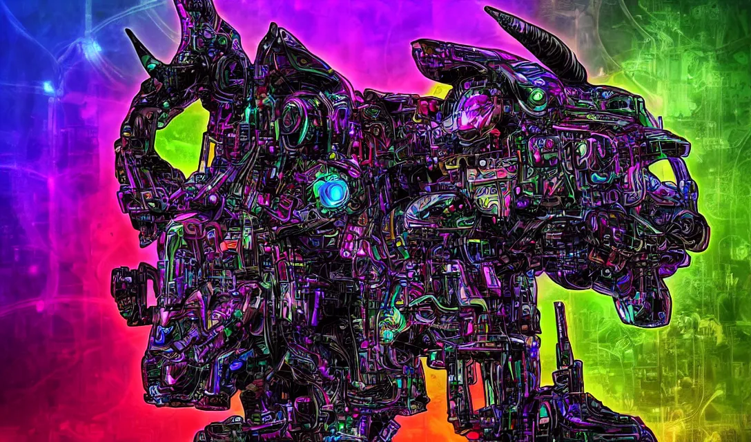 Image similar to complex cyberpunk machine background merged with evil cybernetic goat head in center focus, multicolored digital art