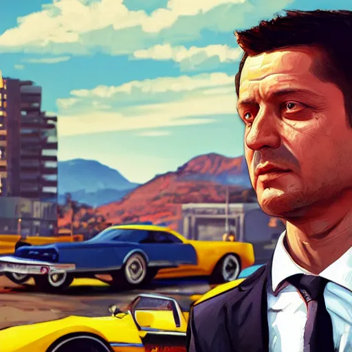 Prompt: Volodymyr Zelensky in GTA V, close up view, cover art by Stephen Bliss, artstation, no text