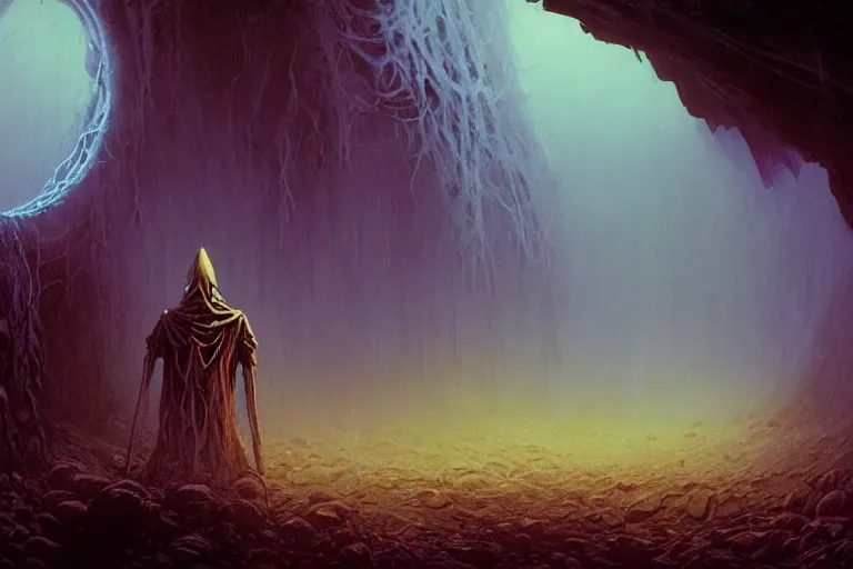 Prompt: hooded necromancer in front of a lovecraft portal by marc simonetti and mike mignola and beksinski and giger and alton kelley, rising from the void, dark neon retrowave, purple, golden and mysterious, stopped in time, atmospheric, ominous, eerie, cinematic, epic, 8 k, 4 k, ultra detail, ultra realistic, rendered by awesomeness