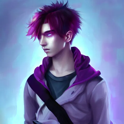 Image similar to colorful and festive captivating teenager boy with straight purple hair, purple eyes with red eye markers, slim body, wearing japanese combat clothes. rich vivid colors, ambient lighting, dynamic lighting, 4 k, atmospheric lighting, painted, intricate, highly detailed by charlie bowater