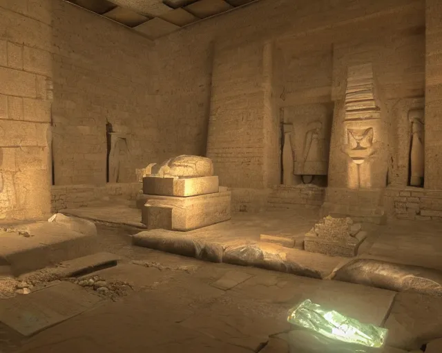 Image similar to screenshot ps 5 videogame in an ancient egypt undiscovered room with a box full of money ingots and gems and precious, concept art, architecture design, pyramids style, rtx, nvidia, renderer, stunning graphics