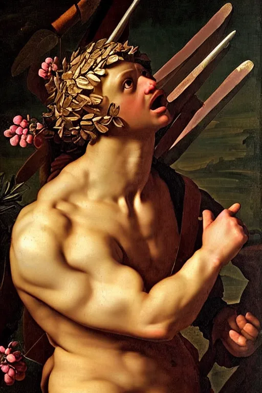 Image similar to renaissance painting of spartan, closeup, rage face closeup, emotions closeup, dressed in roman armour, the beautiful garden with liliac bush everywhere, ultra detailed, art by guido reni style, vincenzo catena style