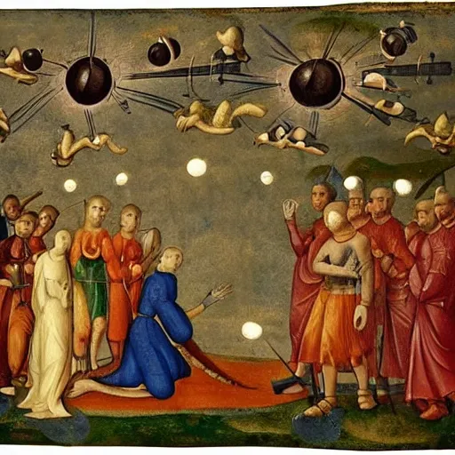 Prompt: 15th century European painting of a high-tech and large scale alien abduction happening over a field