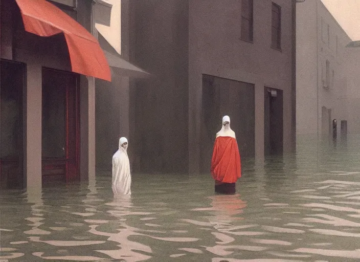 Image similar to woman dressed in plastic bags in paper bag over the head on flooded street Edward Hopper and James Gilleard, Zdzislaw Beksinski, highly detailed