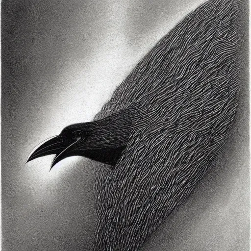 Prompt: artistic drawing of a crow, made of engrenage by zdzisław beksinski, symbolist, visionary, detailed, realistic, surreality