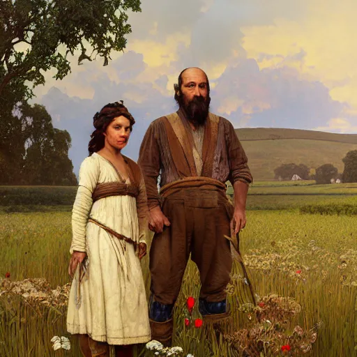 Prompt: peasant family in the field, full entire body, 3 d render, lifelike, handsome, gorgeous lighting by weta studio, mucha, bautista and norman rockwell and greg rutkowski and tom bagshaw and james gurney and lucasfilm