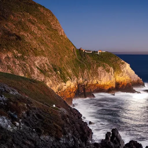 Image similar to deep blue, blue hour, early night, deep blue atmosphere, overcast, low light, black and blue sky, sundown, scattered islands, sea, ocean, low pressure system, cloud with eye, very windy, late evening, distant hotel retreat on cliffside, shining lights on cliff side, polaroid photograph