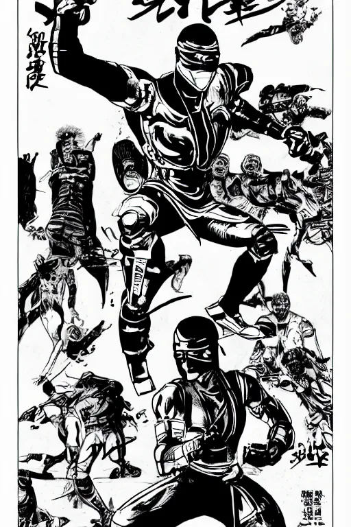 Image similar to cyborg ninja doing kung fu, a page from cyberpunk 2 0 2 0, style of paolo parente, style of mike jackson, adam smasher, johnny silverhand, 1 9 9 0 s comic book style, white background, ink drawing, black and white