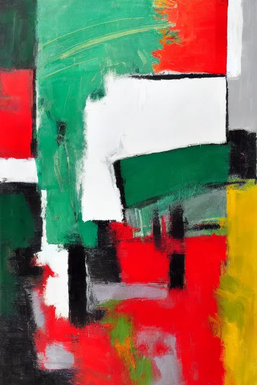 Prompt: an abstract expressionist painting with big broad strokes very energetic, colors are emerald green, vermillion, gray white and black