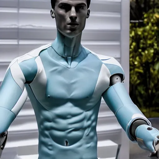 Image similar to a realistic detailed photo of a guy who is an attractive humanoid who is half robot and half humanoid, who is a male android, soccer player cristiano ronaldo, shiny skin, posing like a statue, blank stare, by the pool, on display, showing off his muscles, humanoid robot, frozen ice statue, made of ice