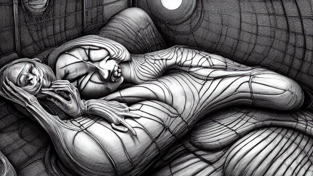 Image similar to comfortable bed that makes me want to sleep, hyperdetailed, artstation, cgsociety, style of Giger, H. R. GIGER, style of Junji Ito, 4K, highly detailed, minimalistic, minimalistic, minimalistic, fine tuned, machina