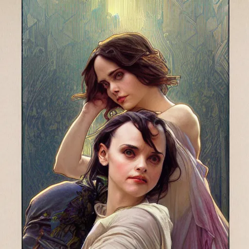 Prompt: amazing lifelike award winning pencil illustration of Winona Ryder and Christina ricci trending on art station artgerm Greg rutkowski alphonse mucha cinematic