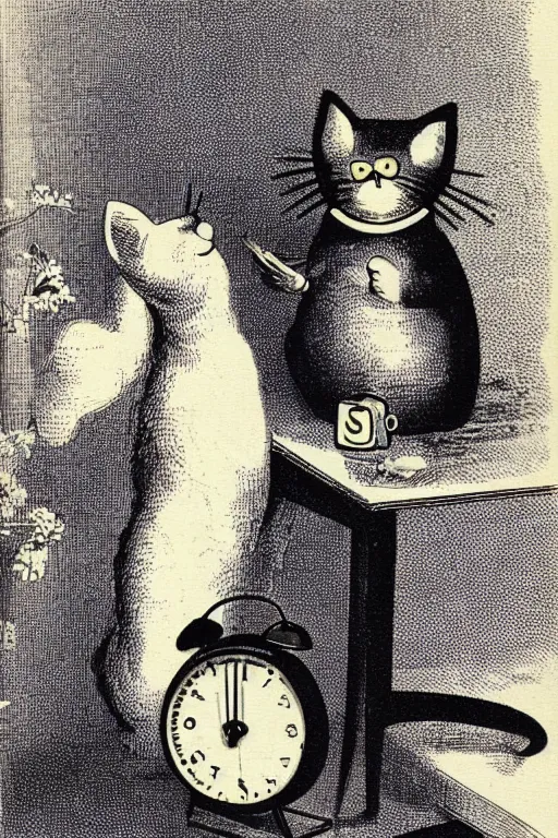 Prompt: cat holding an alarm clock, lithograph image from old textbook