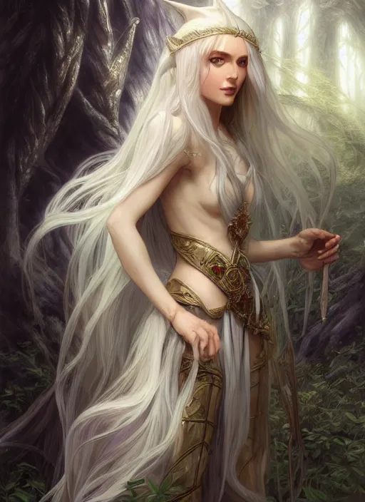Image similar to portrait of a fantasy elf female sorceress queen with long white hair flowing wind in an ancient forest filled with magic, highly detailed, digital painting, artstation, smooth, sharp focus, detailed face, illustration, art by artgerm and greg rutkowski and alphonse mucha