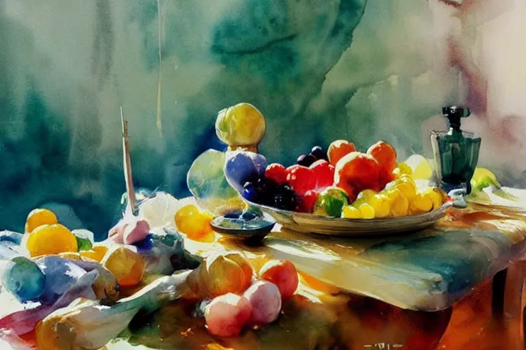 Prompt: paint brush strokes, abstract watercolor painting of colorful fruits, table cloth, art by hans dahl, by jesper ejsing, art by anders zorn, wonderful masterpiece by greg rutkowski, cinematic light, american romanticism by greg manchess, creation by tyler edlin