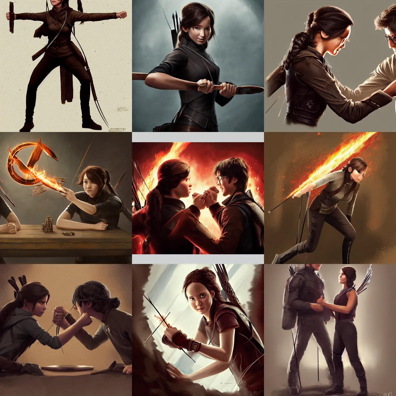 Prompt: Katniss Everdeen arm wrestling Harry Potter, Greg Rutkowski, Artstation
