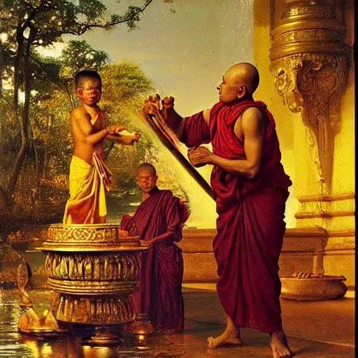 Image similar to old srilankan buddhist monk pouring liquid gold like water into buddhist monk kid head in baroque style, painting by gaston bussiere, craig mullins, j. c. leyendecker, lights, art by ernst haeckel, john william godward, hammershøi,