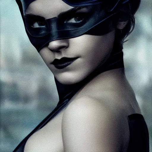 Image similar to Emma Watson as Catwoman, XF IQ4, 150MP, f/1.4, ISO 200, 1/160s, natural light, Adobe Photoshop, Adobe Lightroom, DxO Photolab, polarizing filter, Sense of Depth, AI enhanced, HDR