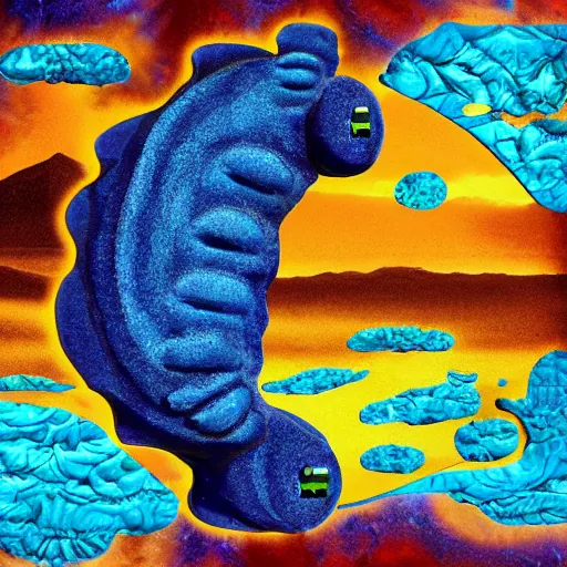 Image similar to collage art representing a Kaiju shaped like a water bear in a desert