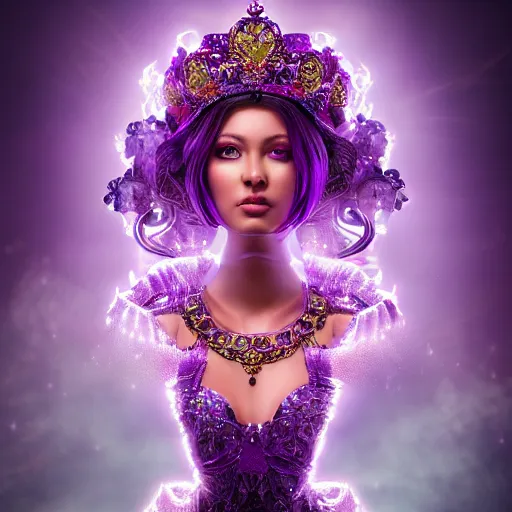 Image similar to portrait princess of amethyst, glowing, ornate and intricate purple jewelry, jaw dropping beauty, glowing background lighting, purple accent lighting, hyper detailed, fairy tale, 4 k octane render