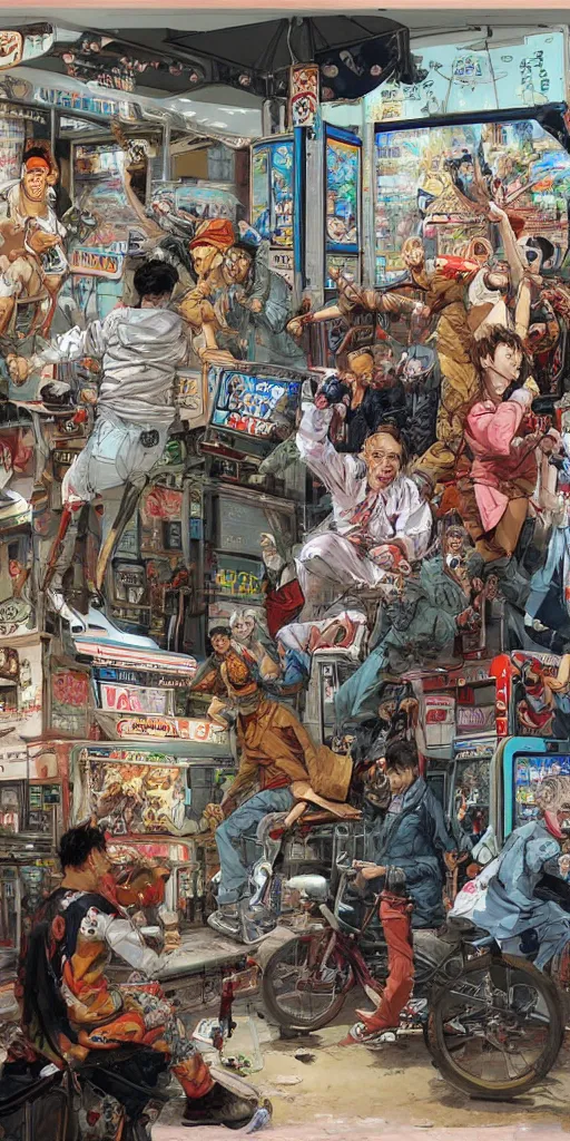 Image similar to oil painting scene from amusement arcade by kim jung gi