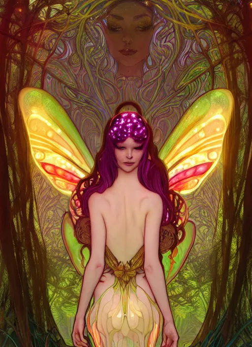 Prompt: stunningly beautiful female faerie priestess in amanita muscaria forest landscape, symmetrical wings on back, neon hair, fantasy art, wearing a dress of gossamer gold, inner glow, dark light night, sharp focus, digital painting, 4 k, concept art, by alphonse mucha, brom, face by otto schmidt,