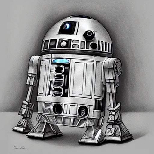 Prompt: hyper realistic pencil drawing of a r2d2 and c3p0, detailed, rim light, diffused, intricate, axe, by anna dittmann