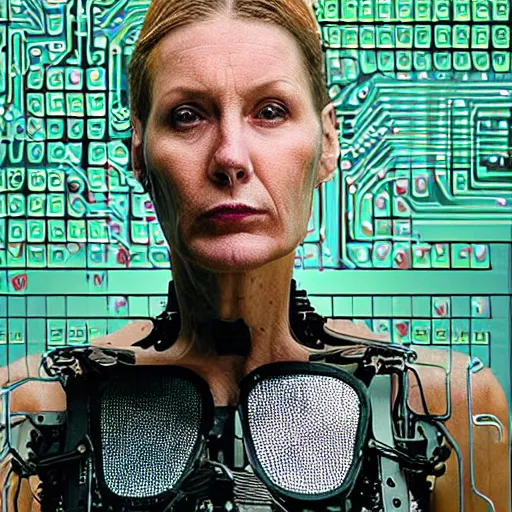 Prompt: grainy photo of an ugly woman, wearing bionic implants, cyborg criminal, high tech, circuit boards